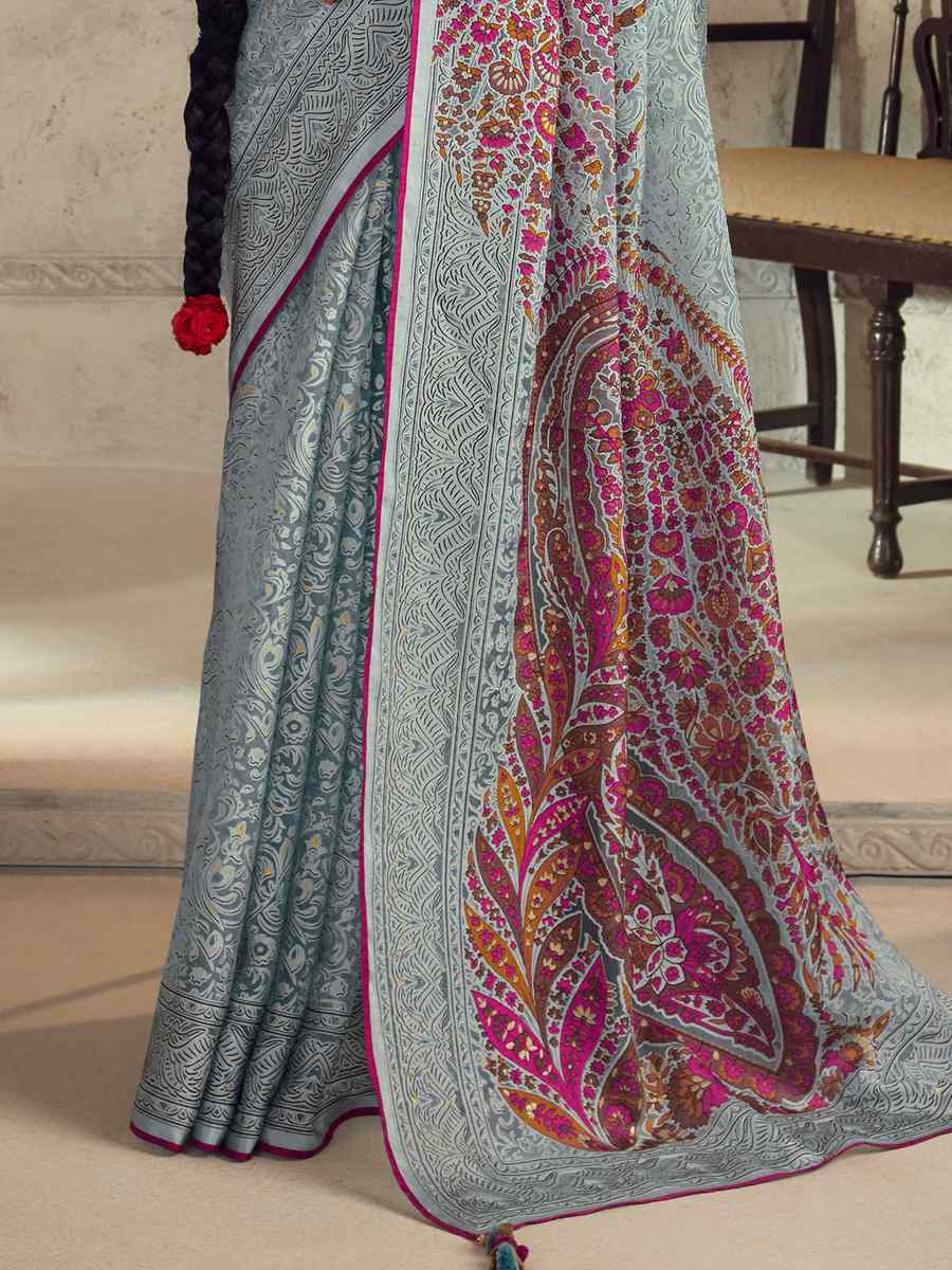 Powder Blue Organza Brasso Embroidered Festival Wedding Heavy Border Saree