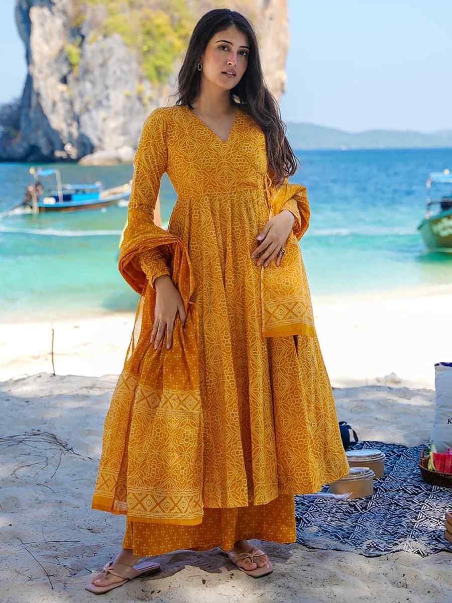 Pumpkin Yellow Pure Maslin�Printed Casual Festival Anarkali Salwar Kameez