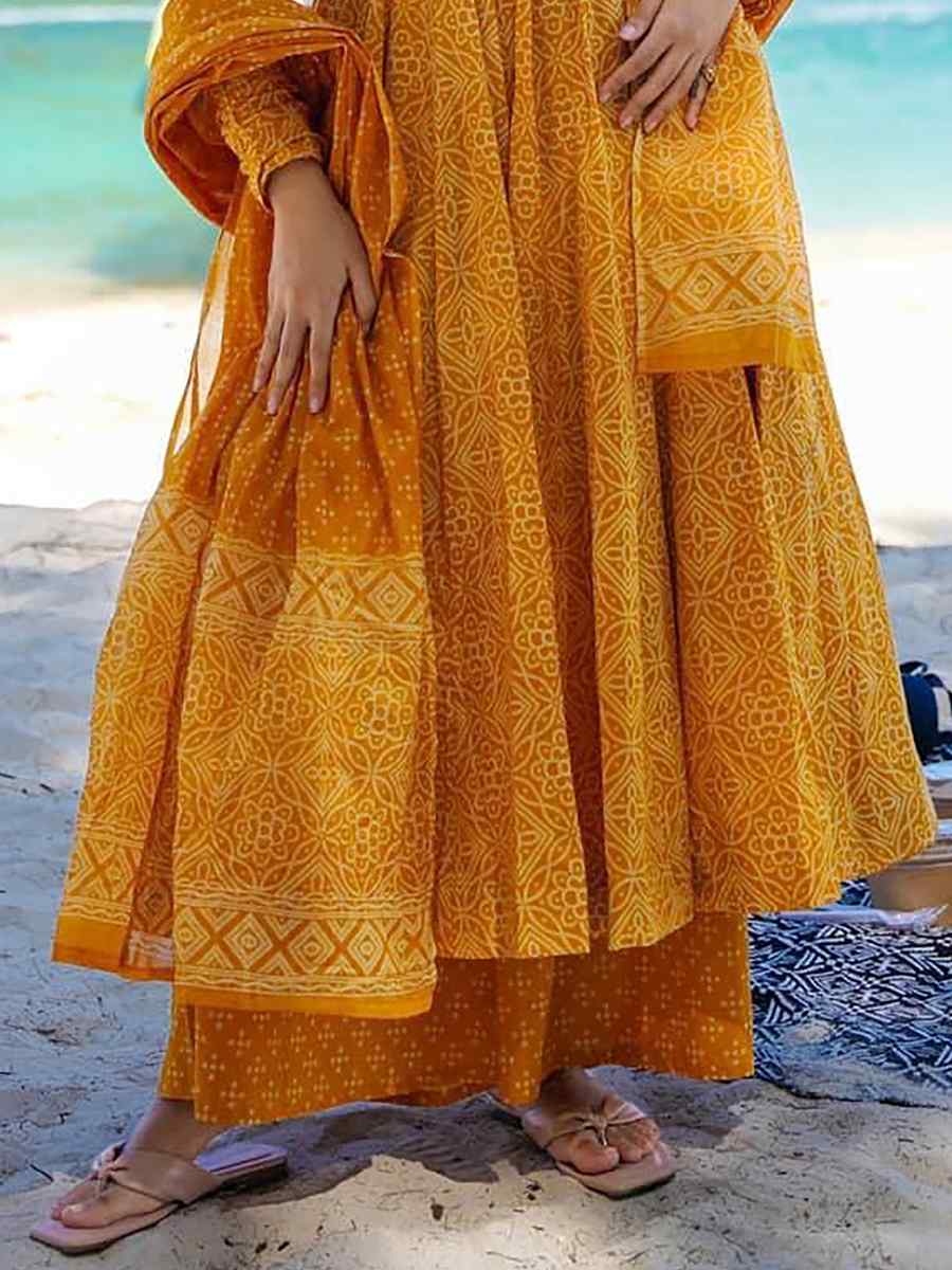 Pumpkin Yellow Pure Maslin�Printed Casual Festival Anarkali Salwar Kameez