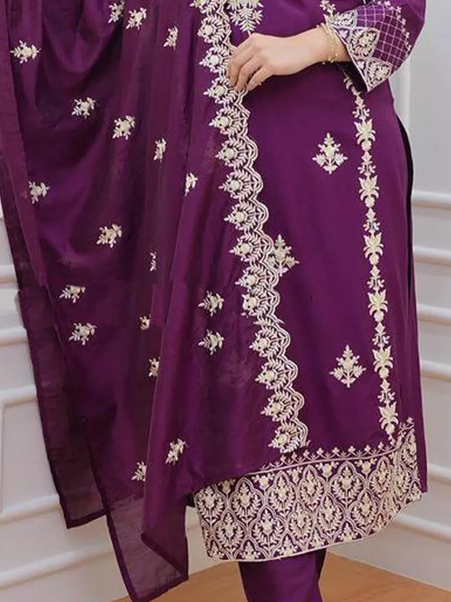 Purple 14Kg Heavy Rayon Embroidered Festival Mehendi Ready Pant Salwar Kameez