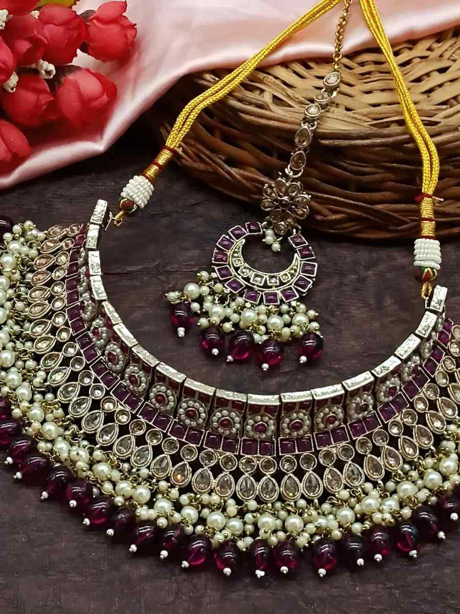 Purple Alloy Festival Wear Kundan Necklace