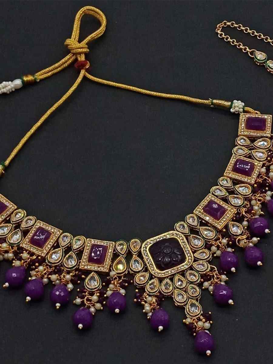 Purple Alloy Metal Festival Wear Kundan Necklace