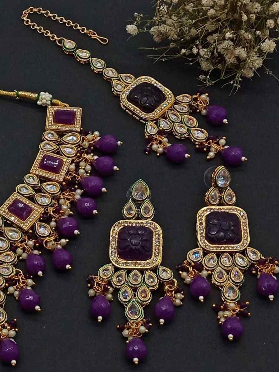 Purple Alloy Metal Festival Wear Kundan Necklace