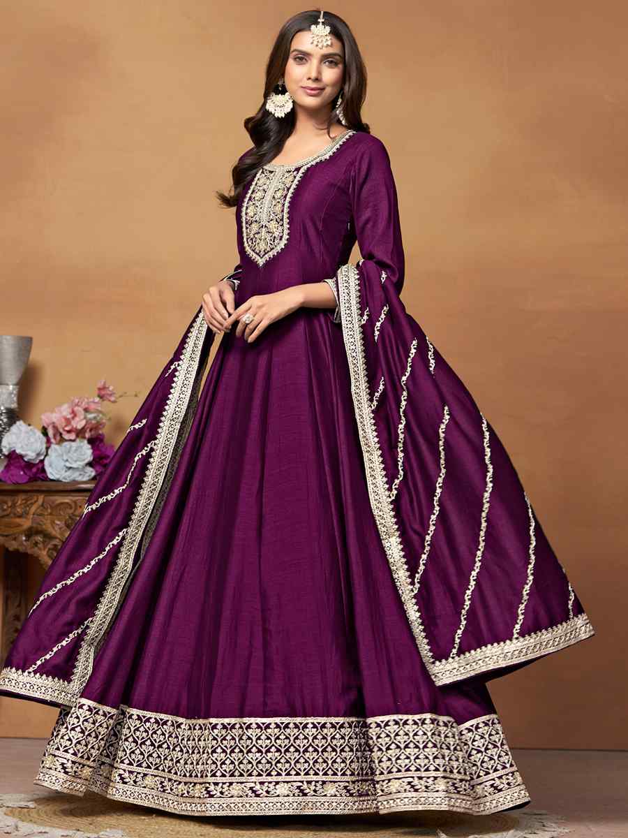 Purple Art Silk Embroidered Festival Mehendi Anarkali Salwar Kameez