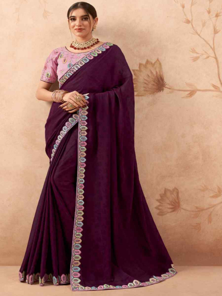 Purple Art Silk Embroidered Festival Wedding Heavy Border Saree