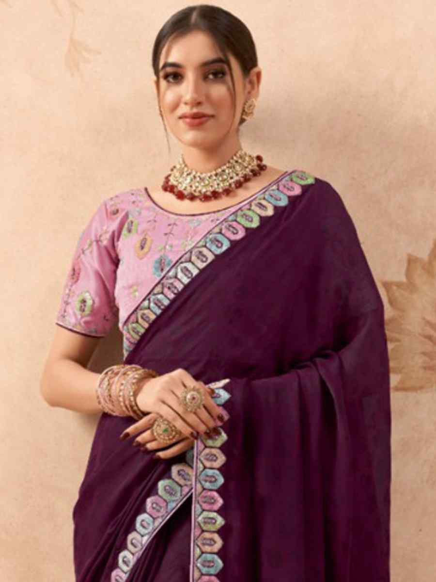 Purple Art Silk Embroidered Festival Wedding Heavy Border Saree