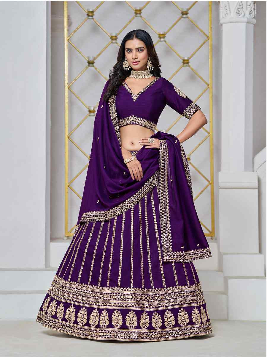 Purple Art Silk Embroidered Wedding Bridesmaid Heavy Border Lehenga Choli