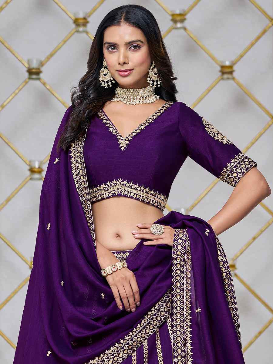 Purple Art Silk Embroidered Wedding Bridesmaid Heavy Border Lehenga Choli