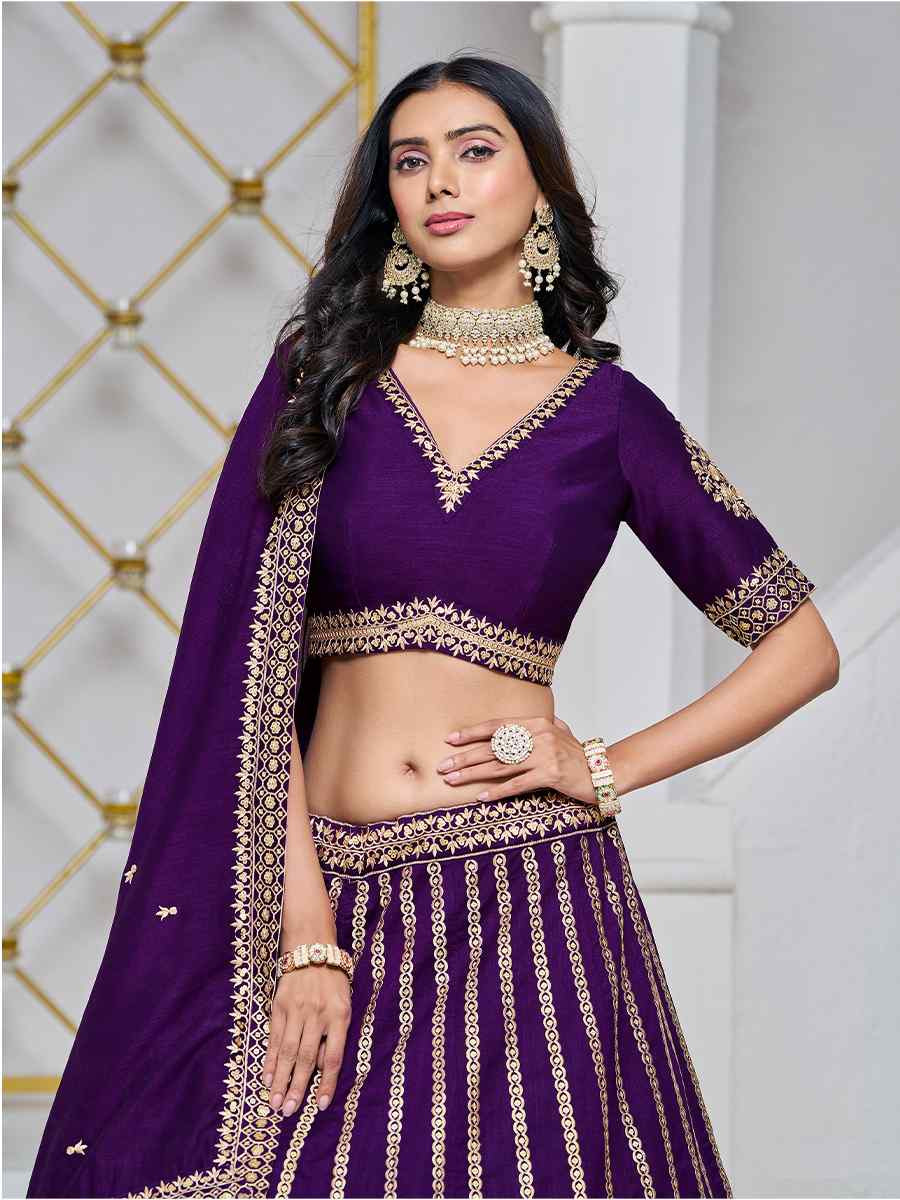 Purple Art Silk Embroidered Wedding Bridesmaid Heavy Border Lehenga Choli