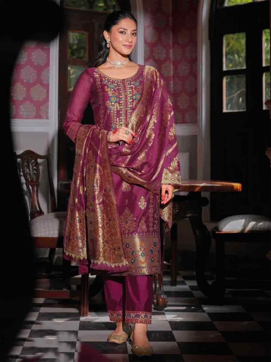 Purple Banarasi Jacquard  Silk Embroidered Festival Casual Ready Pant Salwar Kameez