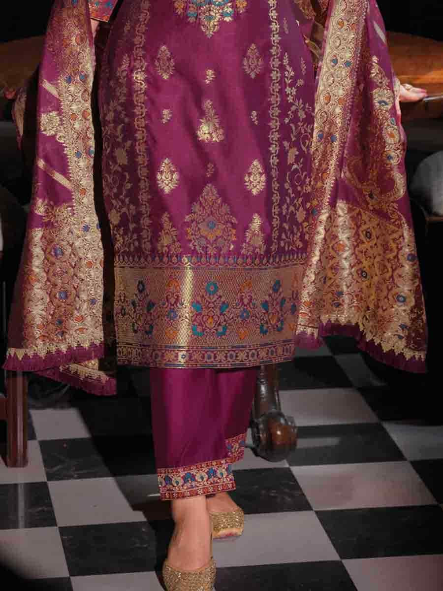 Purple Banarasi Jacquard  Silk Embroidered Festival Casual Ready Pant Salwar Kameez