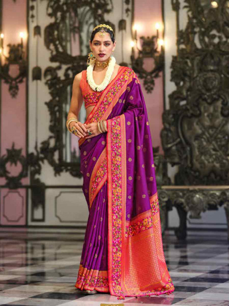 Purple Banarasi Poly Viscose Silk Handwoven Festival Wedding Heavy Border Saree