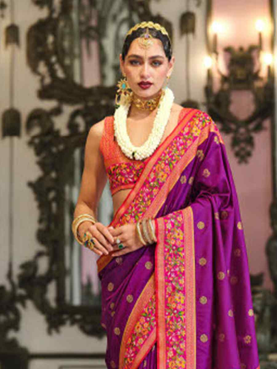 Purple Banarasi Poly Viscose Silk Handwoven Festival Wedding Heavy Border Saree