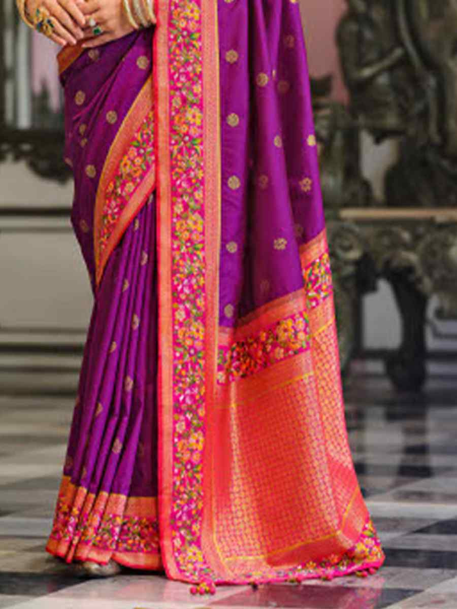 Purple Banarasi Poly Viscose Silk Handwoven Festival Wedding Heavy Border Saree