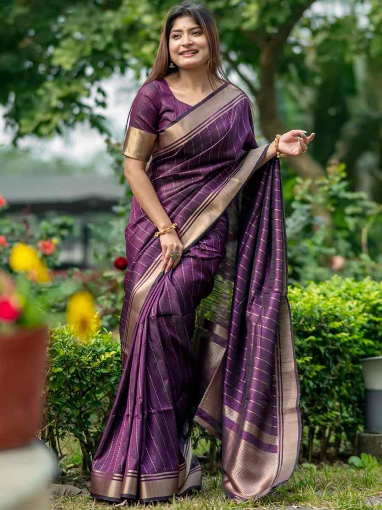 Purple Banarasi Raw Silk Handwoven Festival Wedding Heavy Border Saree
