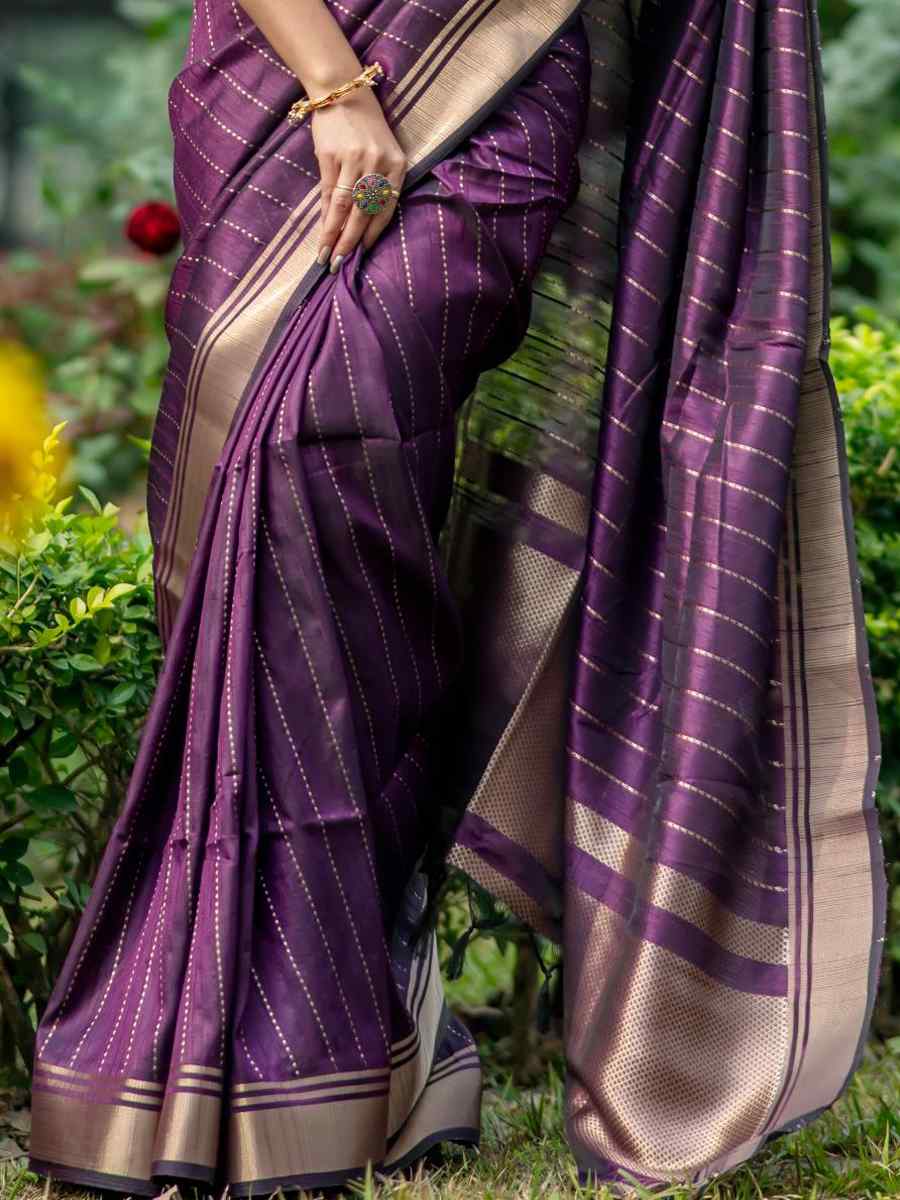 Purple Banarasi Raw Silk Handwoven Festival Wedding Heavy Border Saree