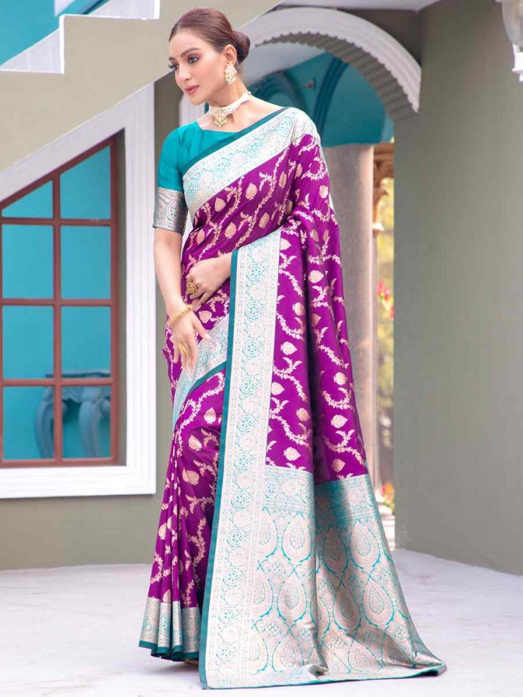 Purple Banarasi Satin Silk Handwoven Festival Wedding Heavy Border Saree