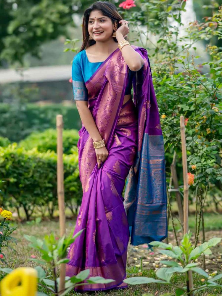 Purple Banarasi Silk Handwoven Festival Wedding Heavy Border Saree