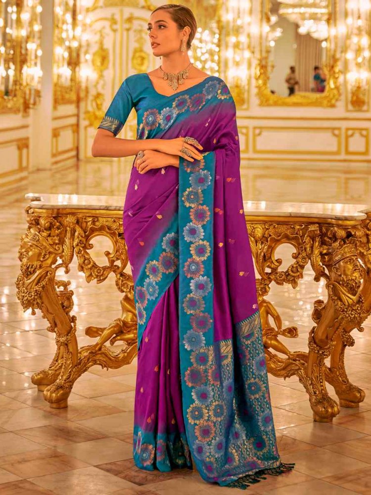 Purple Banarasi Silk Printed Casual Festival Contemporary Saree