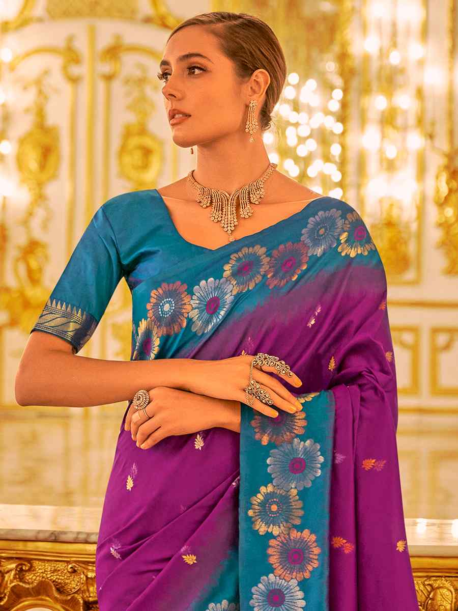 Purple Banarasi Silk Printed Casual Festival Contemporary Saree