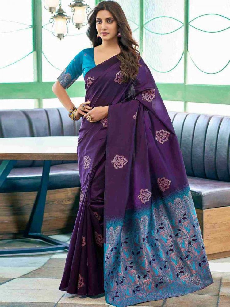 Purple Banarasi Soft Silk Embroidered Festival Party Heavy Border Saree