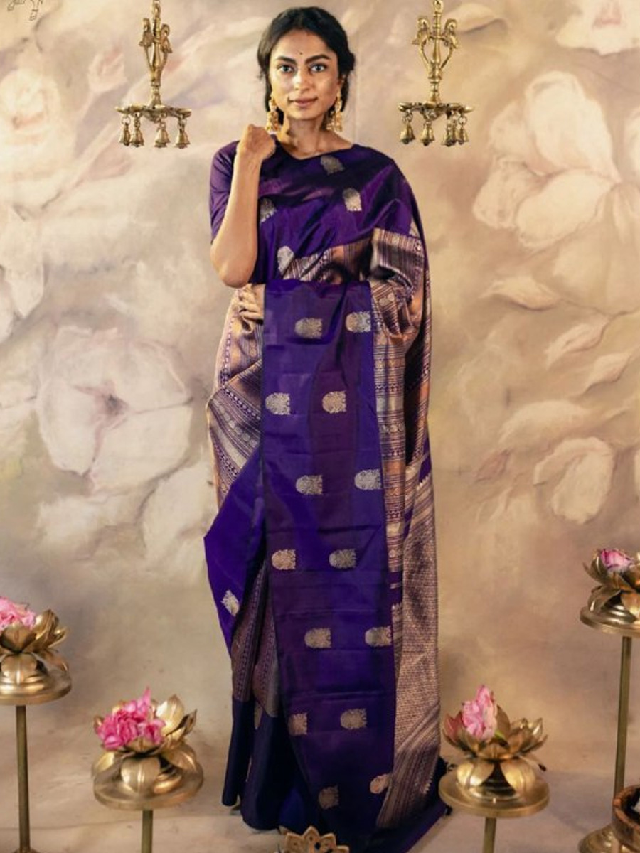 Purple Banarasi Soft Silk Handwoven Festival Casual Classic Style Saree