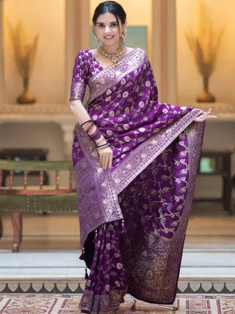Purple Banarasi Soft Silk Handwoven Wedding Festival Heavy Border Saree