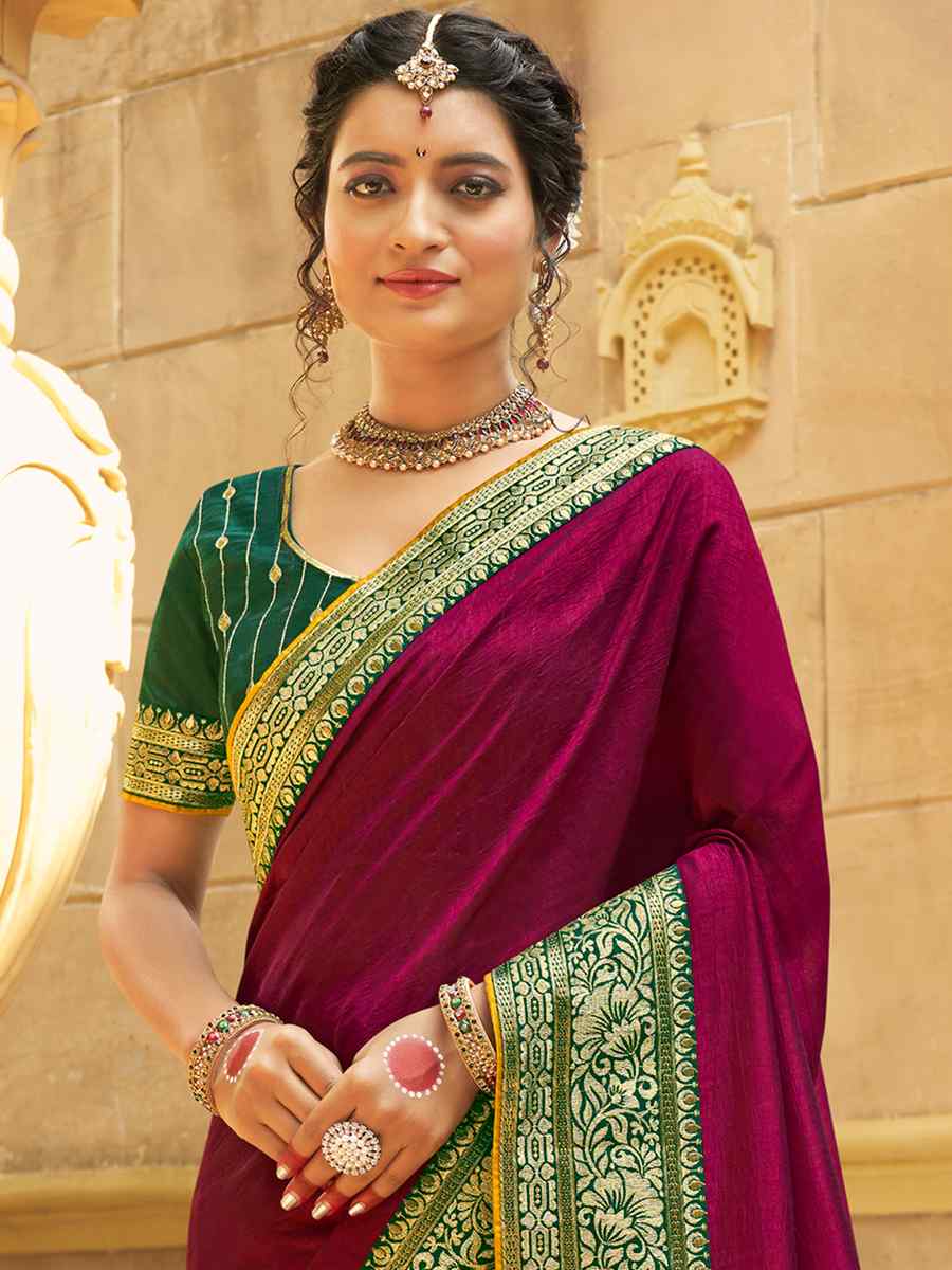 Purple Banglory Silk Embroidered Wedding Festival Heavy Border Saree