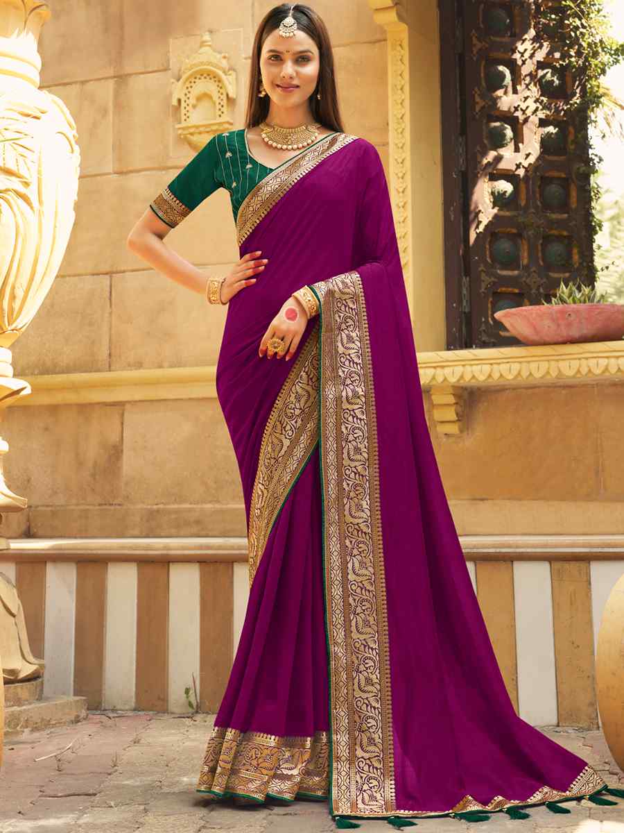 Purple Banglory Silk Embroidered Wedding Festival Heavy Border Saree