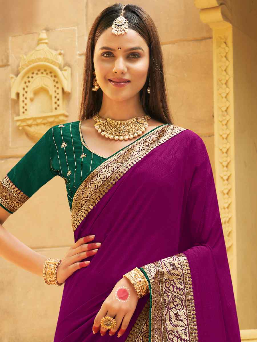 Purple Banglory Silk Embroidered Wedding Festival Heavy Border Saree