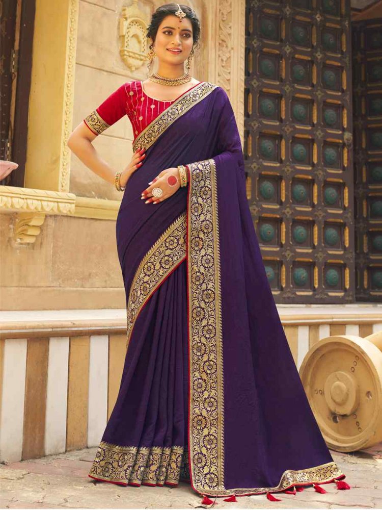 Purple Banglory Silk Embroidered Wedding Festival Heavy Border Saree