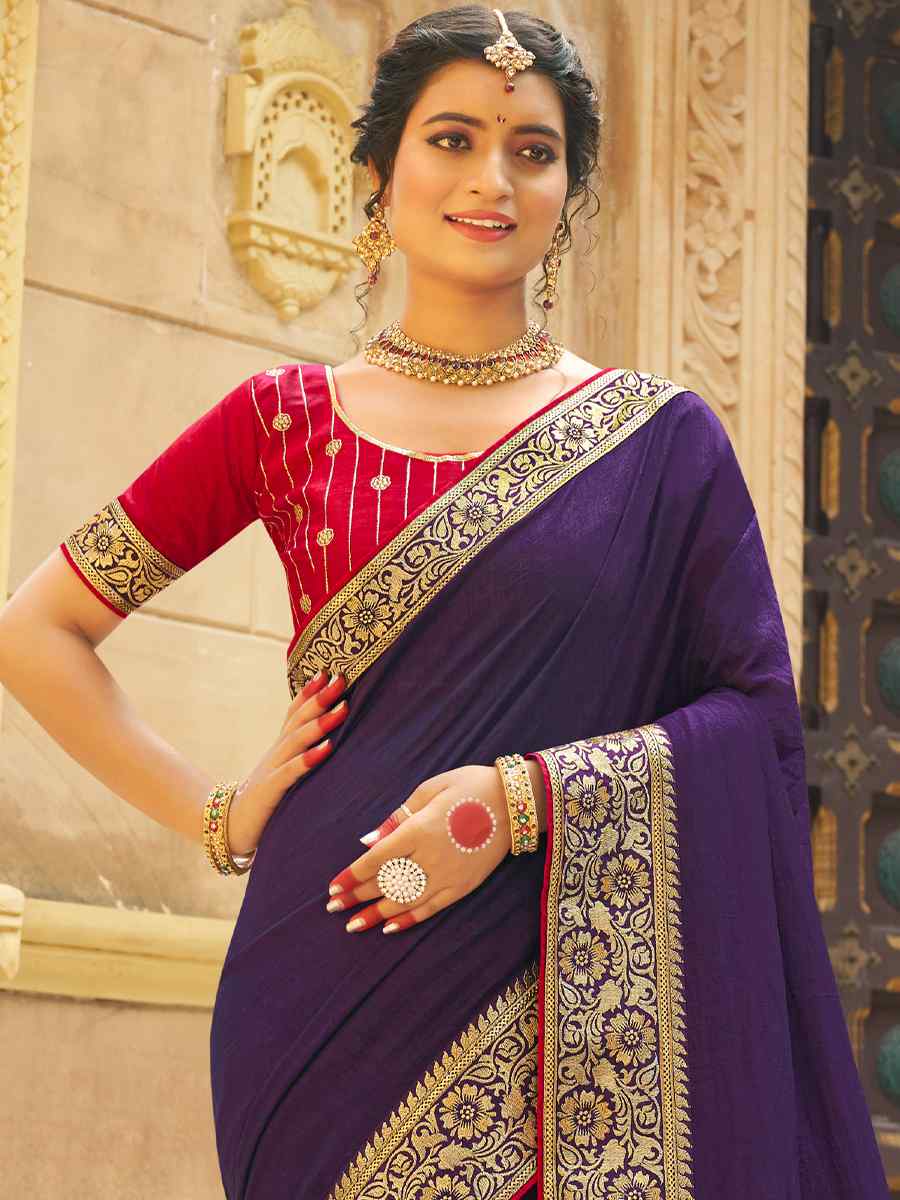 Purple Banglory Silk Embroidered Wedding Festival Heavy Border Saree