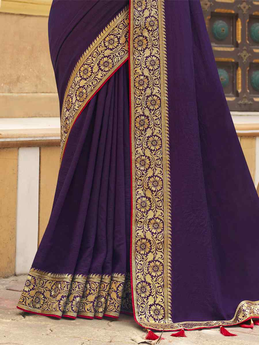 Purple Banglory Silk Embroidered Wedding Festival Heavy Border Saree