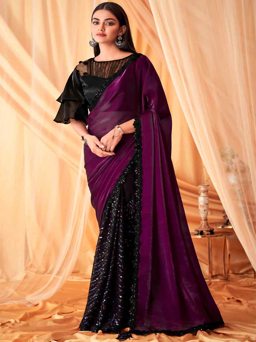 Purple Black Gergette Silk Printed Casual Festival Contemporary Saree
