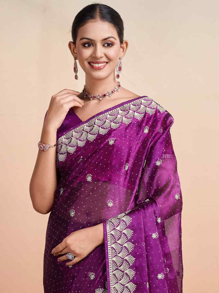 Purple Blooming Burberry Embroidered Festival Party Heavy Border Saree