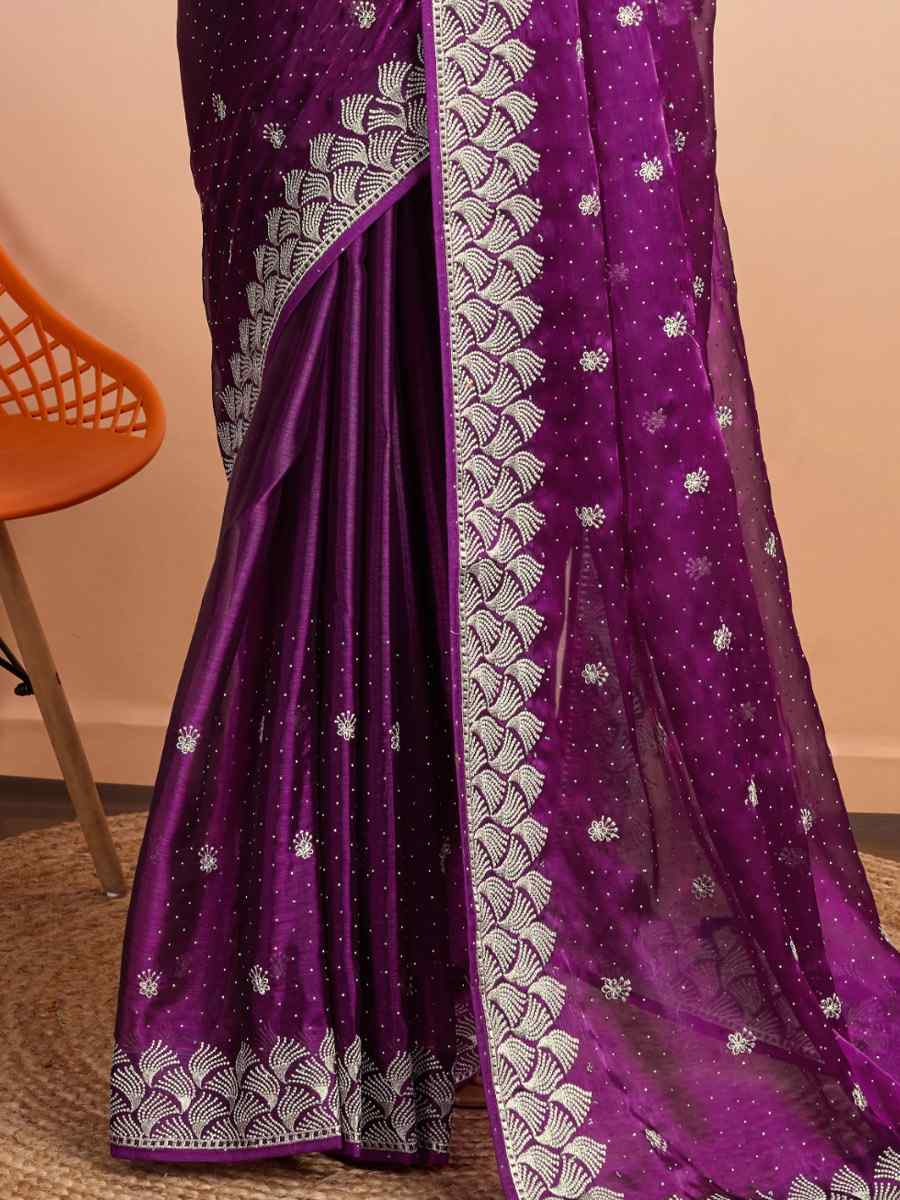 Purple Blooming Burberry Embroidered Festival Party Heavy Border Saree