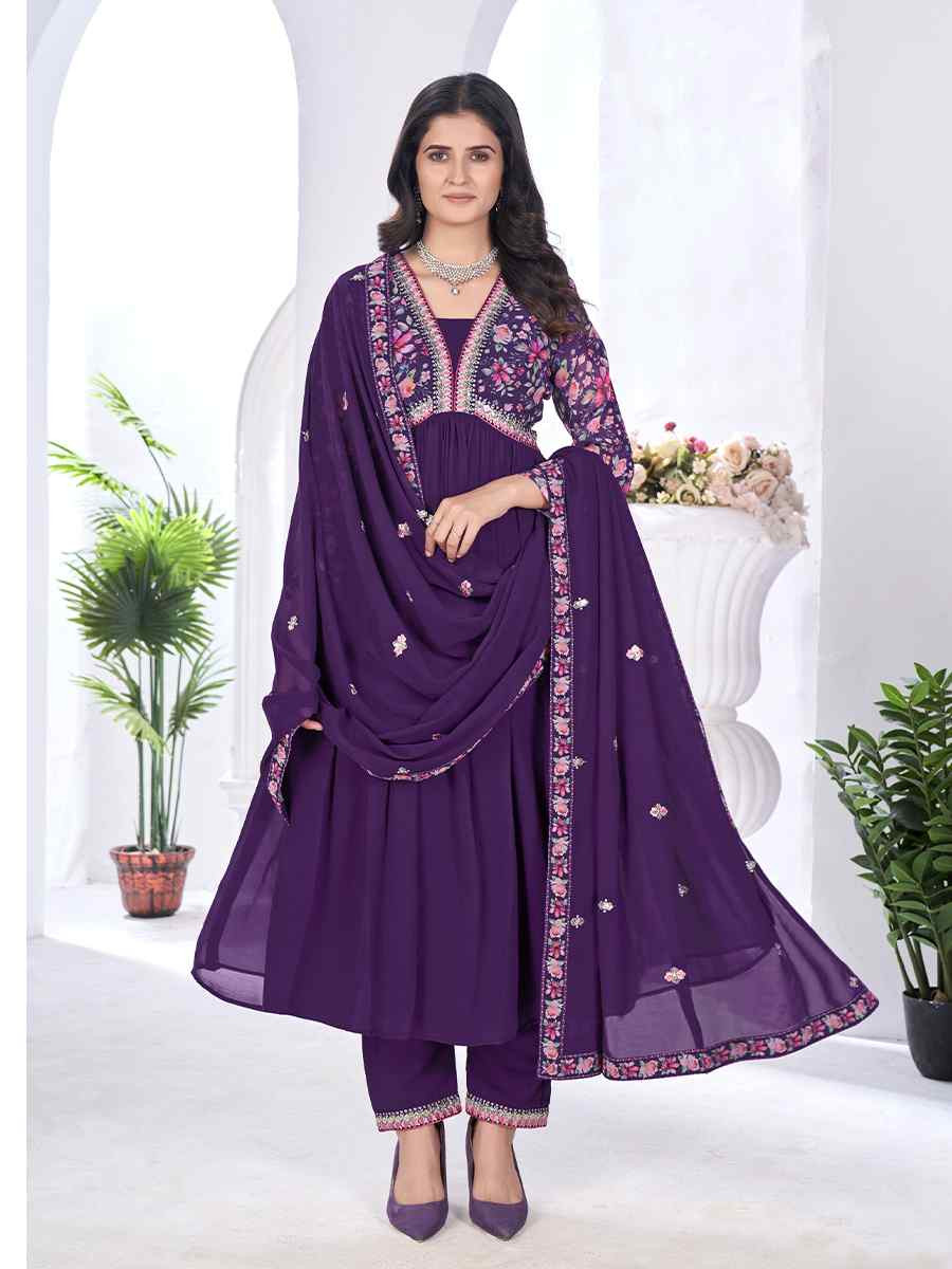 Purple Blooming Georgette Embroidered Festival Casual Ready Anarkali Salwar Kameez