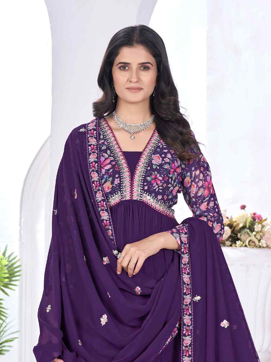 Purple Blooming Georgette Embroidered Festival Casual Ready Anarkali Salwar Kameez