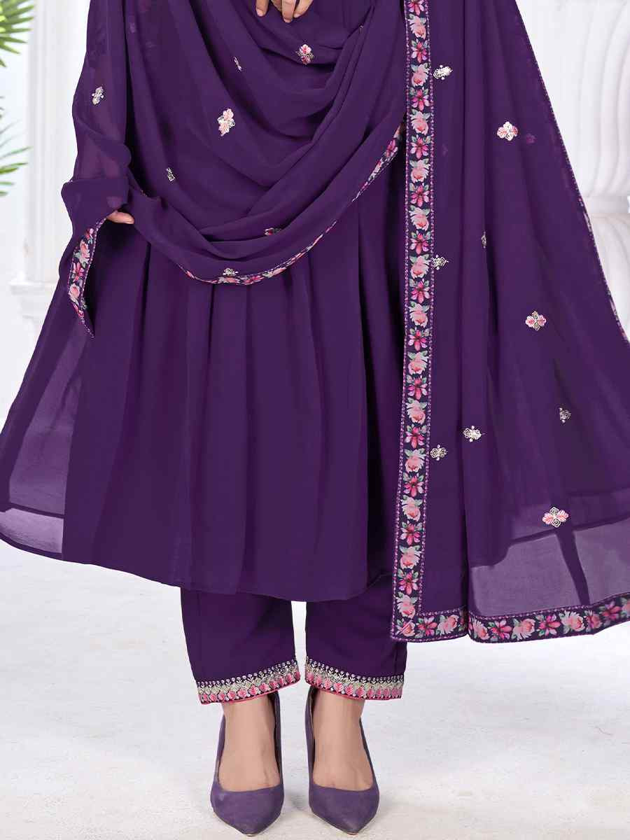 Purple Blooming Georgette Embroidered Festival Casual Ready Anarkali Salwar Kameez