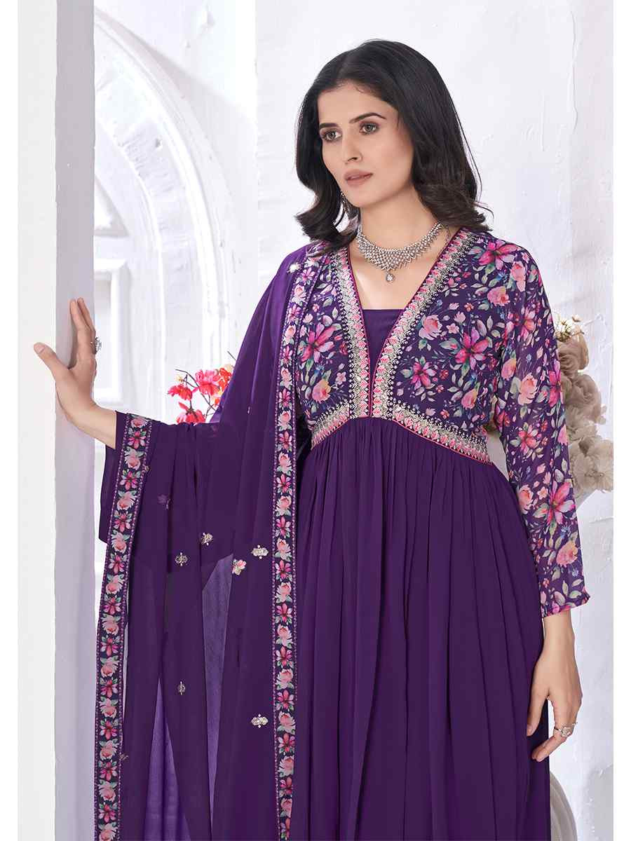 Purple Blooming Georgette Embroidered Festival Casual Ready Anarkali Salwar Kameez