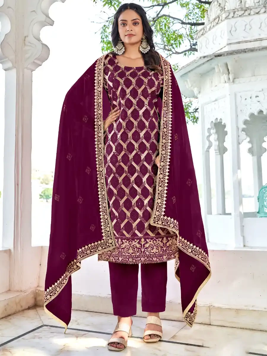 Purple Blooming Vichitra Embroidered Festival Wedding Pant Salwar Kameez