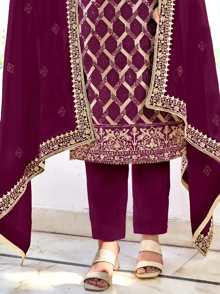 Purple Blooming Vichitra Embroidered Festival Wedding Pant Salwar Kameez