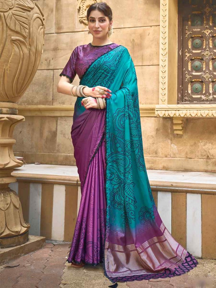 Purple Blue Gajji Silk Handwoven Festival Casual Heavy Border Saree