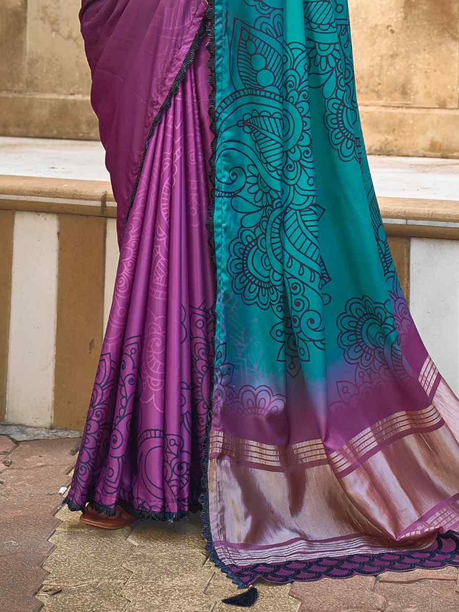 Purple Blue Gajji Silk Handwoven Festival Casual Heavy Border Saree