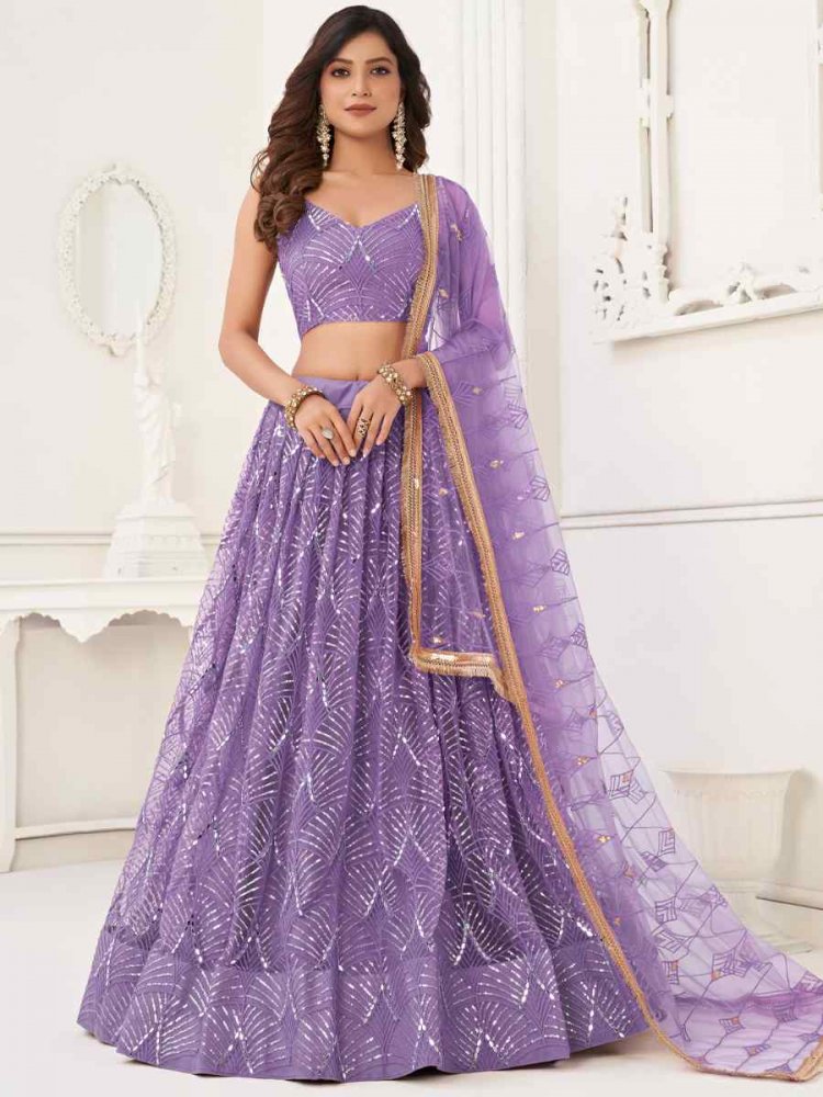 Purple Butterfly Net Embroidered Bridesmaid Wedding Heavy Border Lehenga Choli