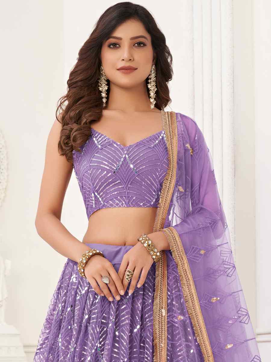 Purple Butterfly Net Embroidered Bridesmaid Wedding Heavy Border Lehenga Choli