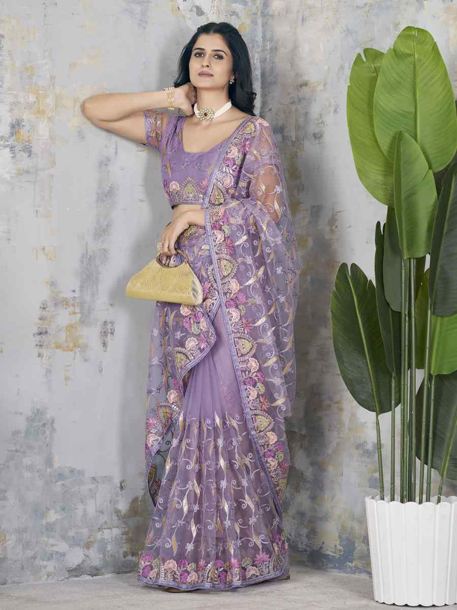 Purple Butterfly Net Handwoven Festival Wedding Heavy Border Saree