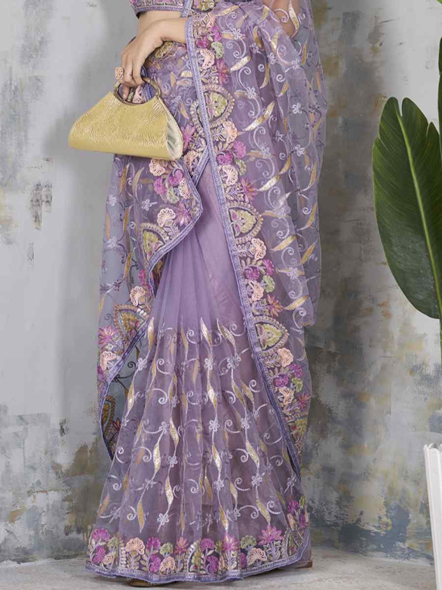 Purple Butterfly Net Handwoven Festival Wedding Heavy Border Saree