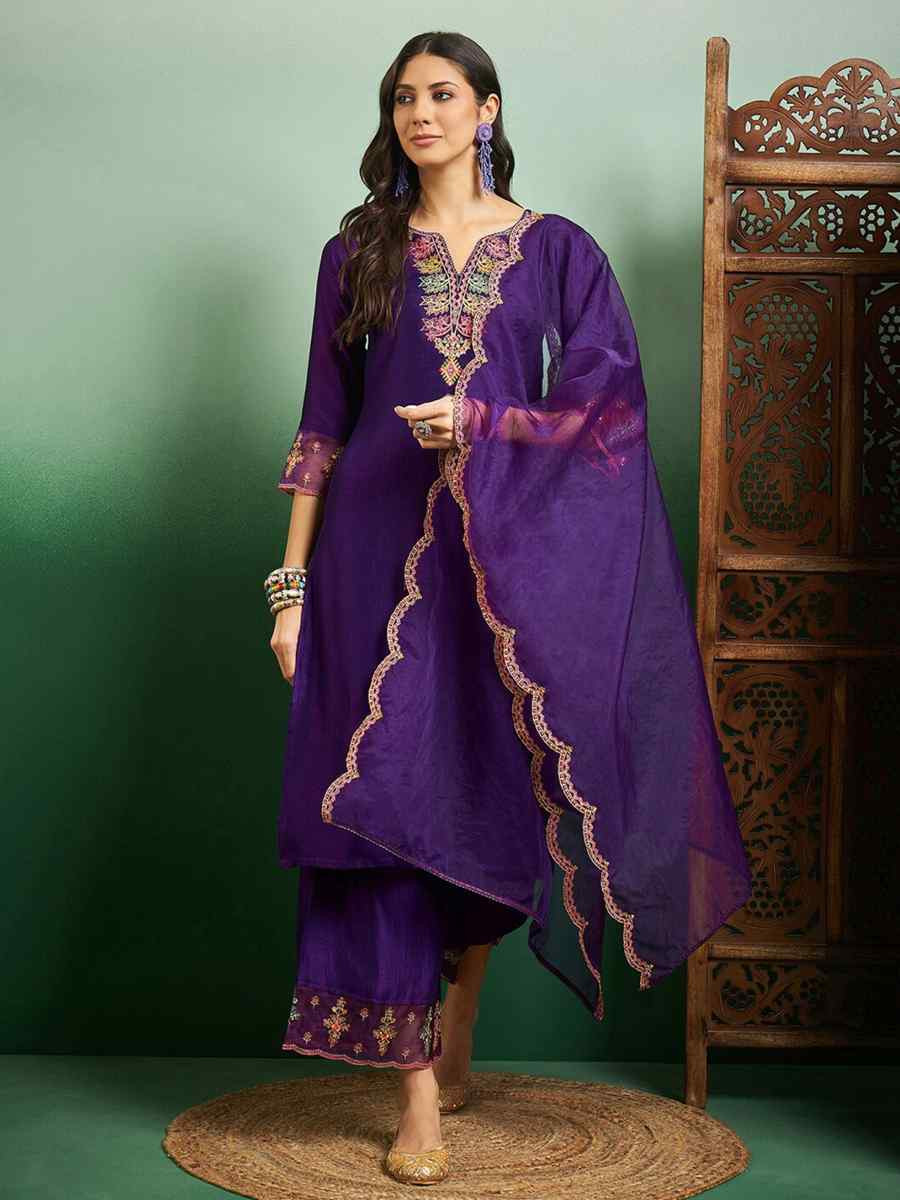 Purple Chanderi Embroidered Festival Casual Ready Pant Salwar Kameez