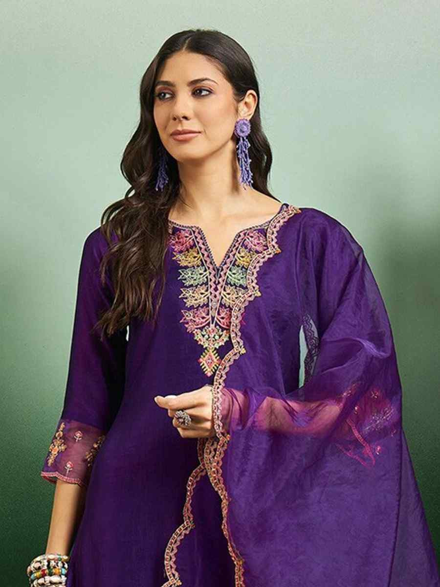 Purple Chanderi Embroidered Festival Casual Ready Pant Salwar Kameez